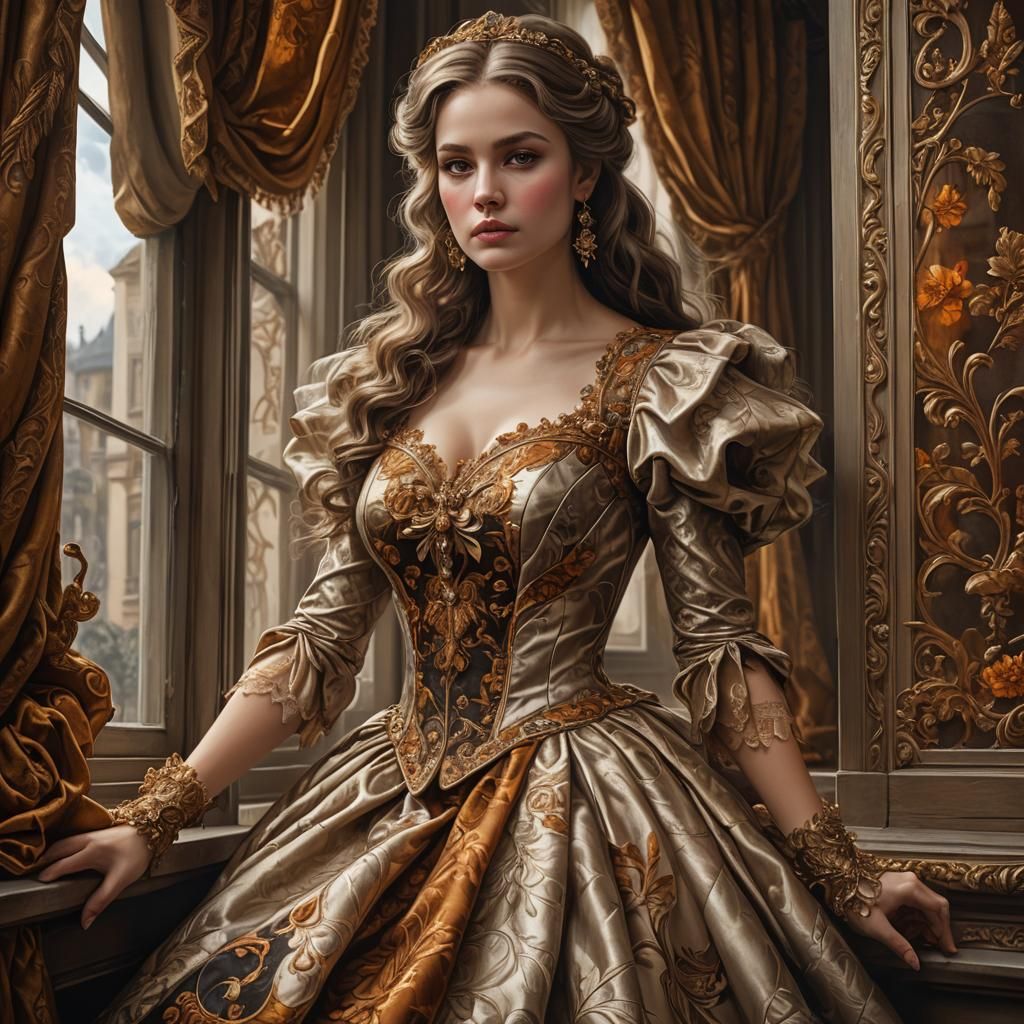 Model in Ornate Dress: Neoclassical Photorealistic Painting