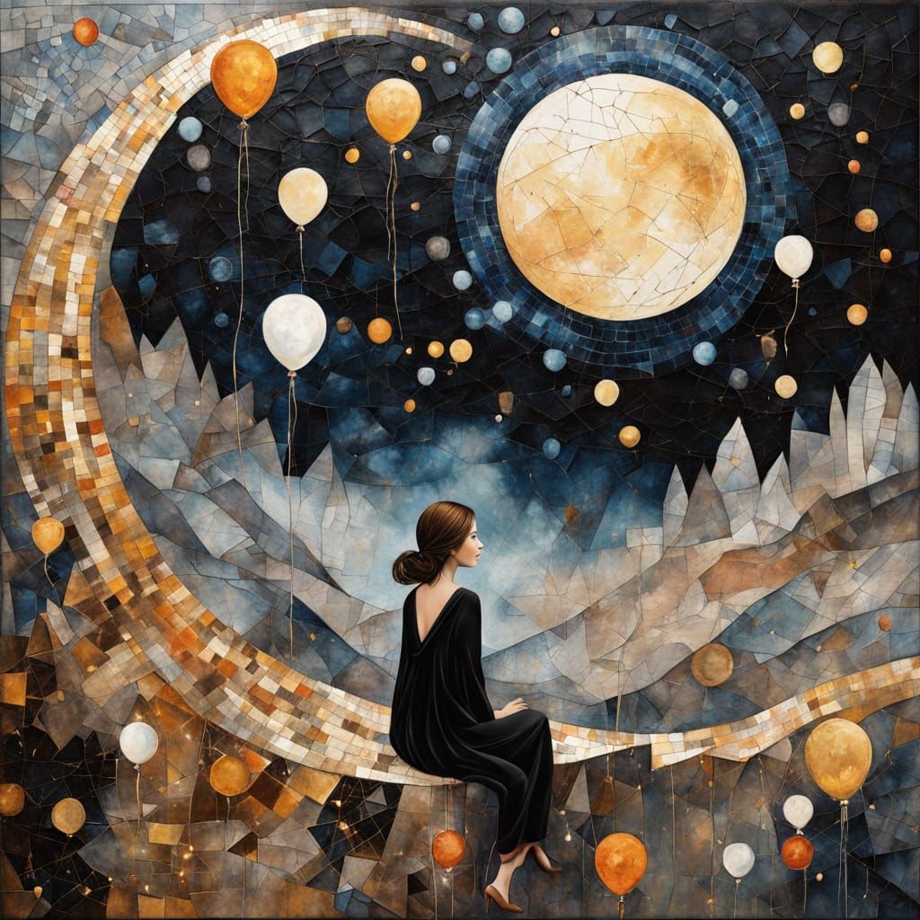 Woman on Mosaic Cliff Under Carved Moon