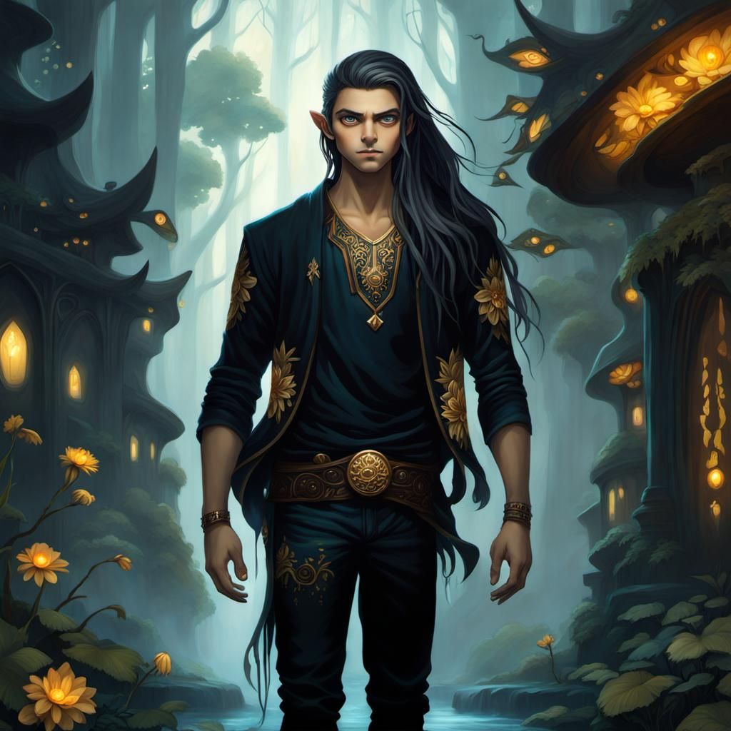 Pixie Boy in Bioluminescent Forest: Fantasy Illustration