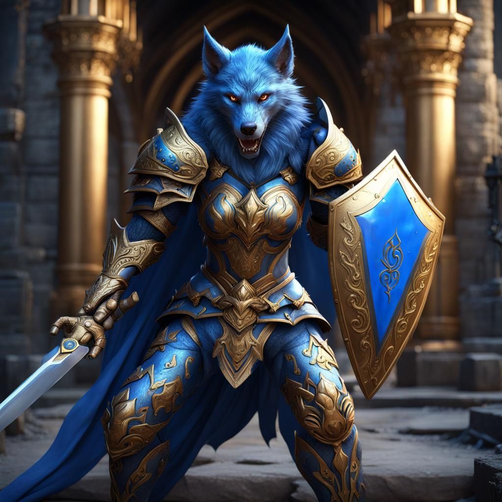 Female Werewolf Paladin in Blue and Gold Armor