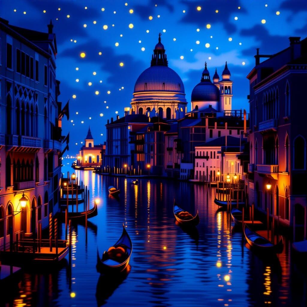 Magical Venetian City at Night: Golden Canals and Domes