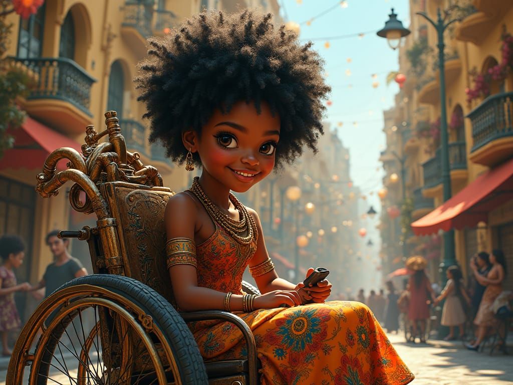 Afrofuturist Steampunk Girl in Vibrant Street Scene