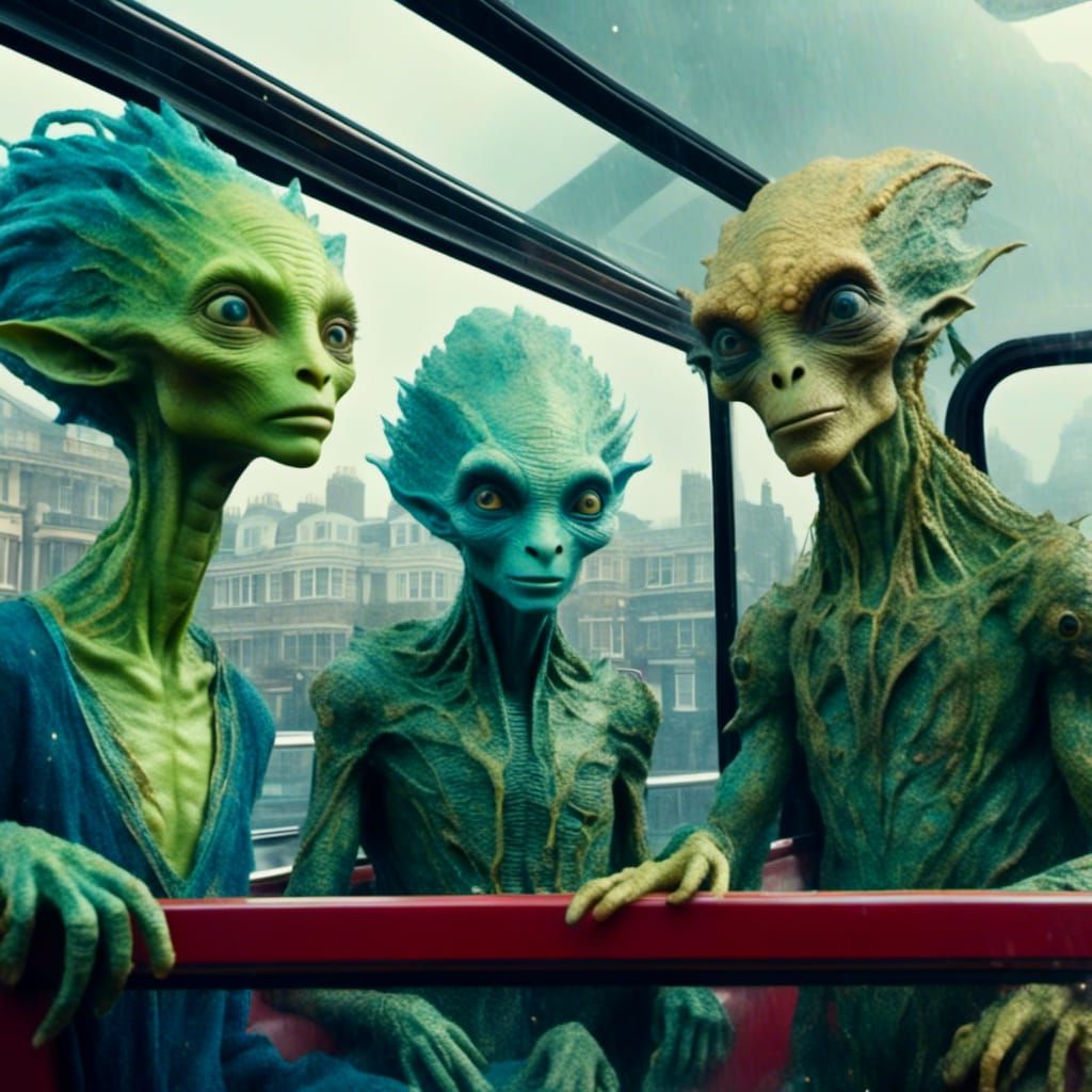 Aliens and Joe Bloggs on London Bus