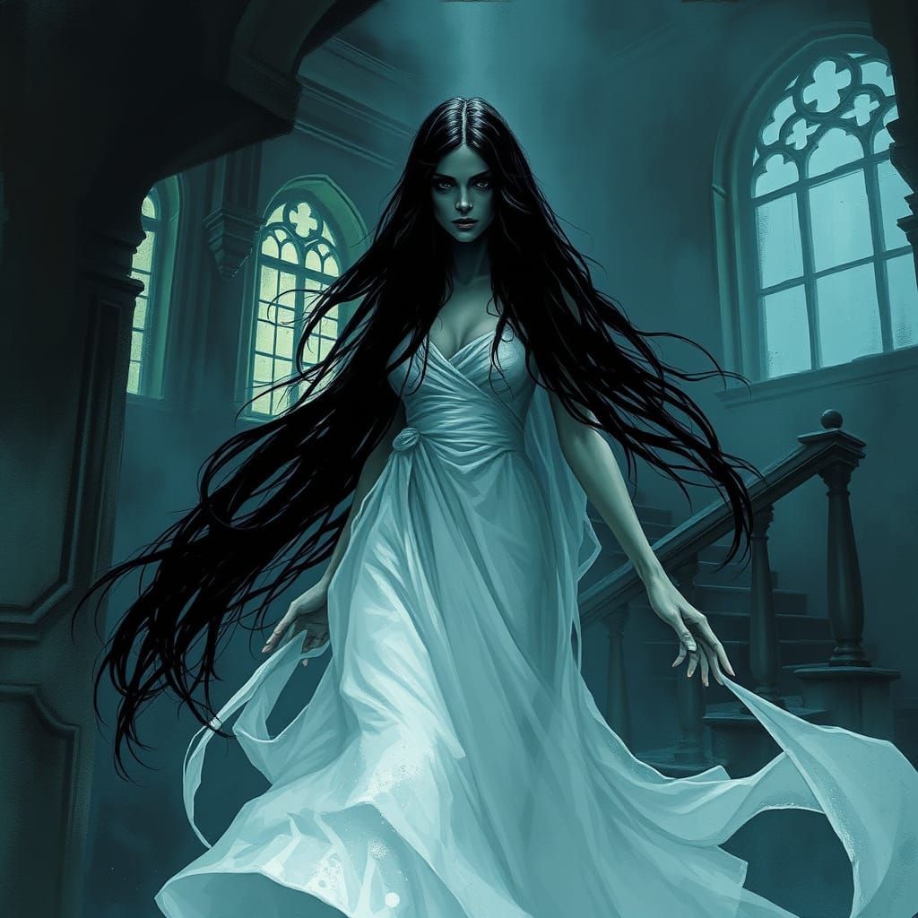 Sinister Female Ghost in Decaying Mansion