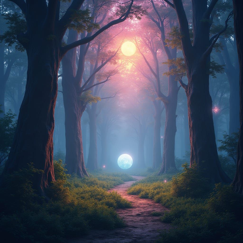 Mystical Forest with Luminous Floating Orbs