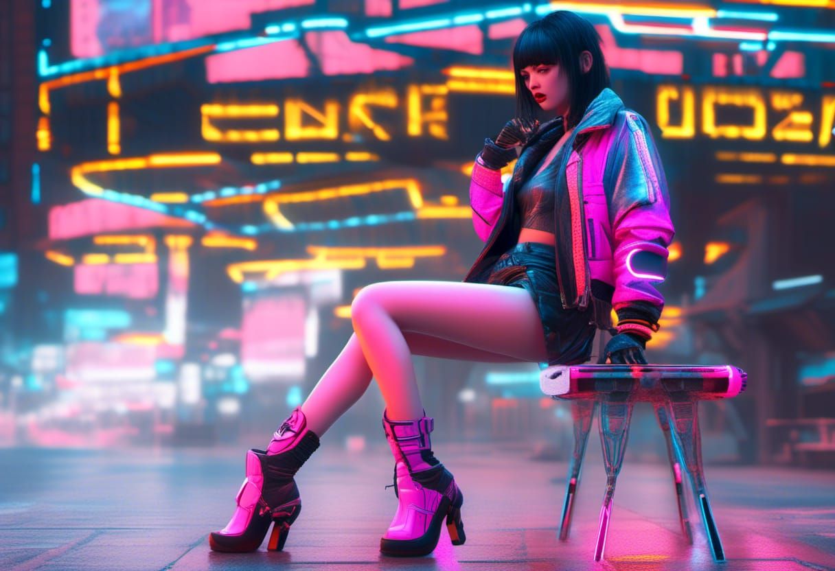Cyberpunk Girl with Robot Arm in Neon Cityscape