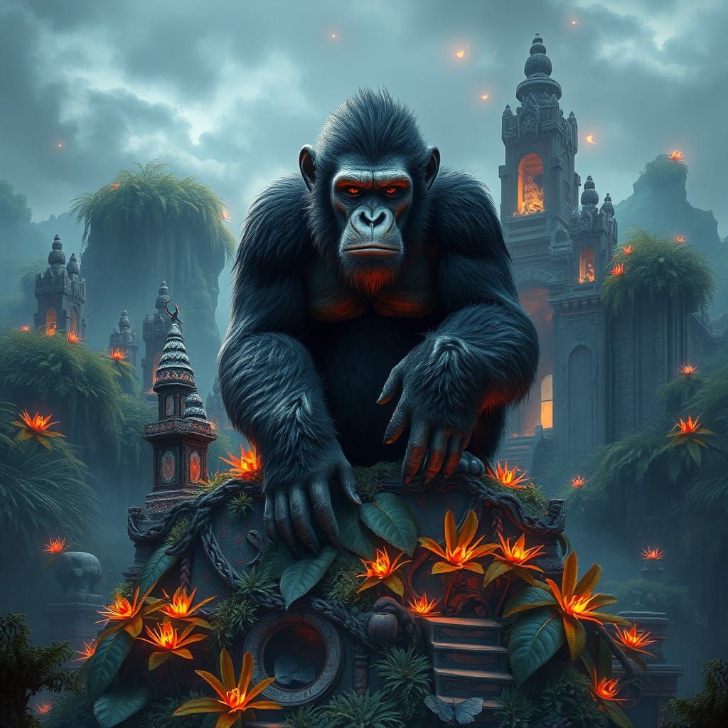 Regal King of Apes Surrounded by Lush, Vibrant Foliage