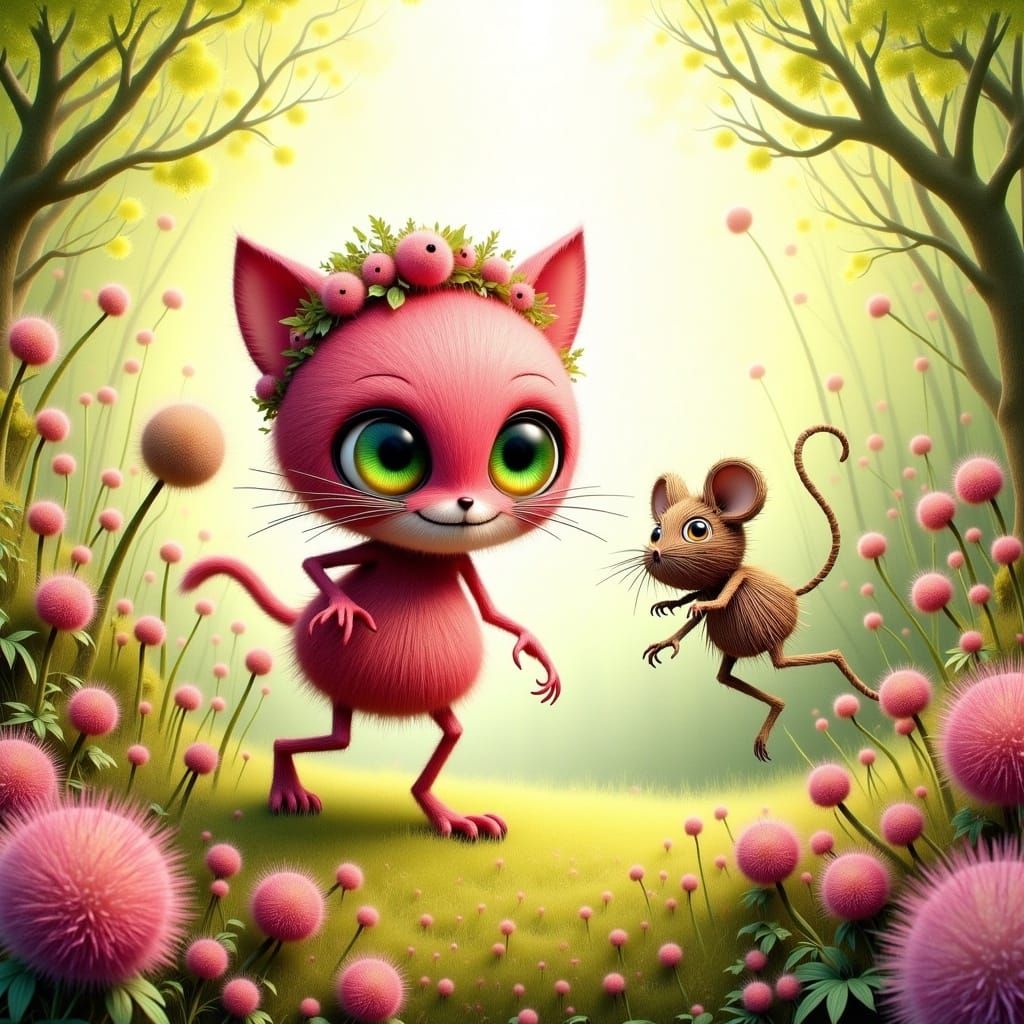 Pink Cat Chasing Mouse in Watercolor Garden