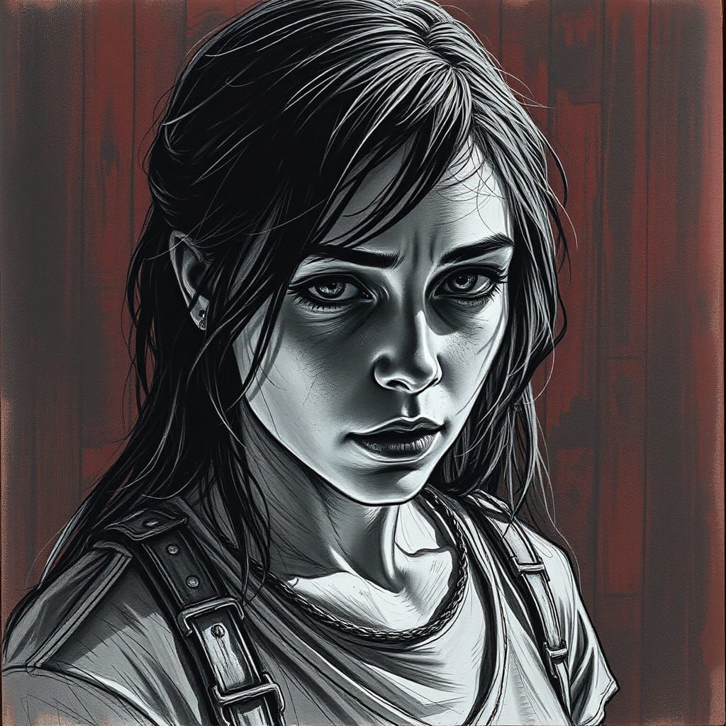 Vulnerable Heroine in High-Contrast Pencil Sketch