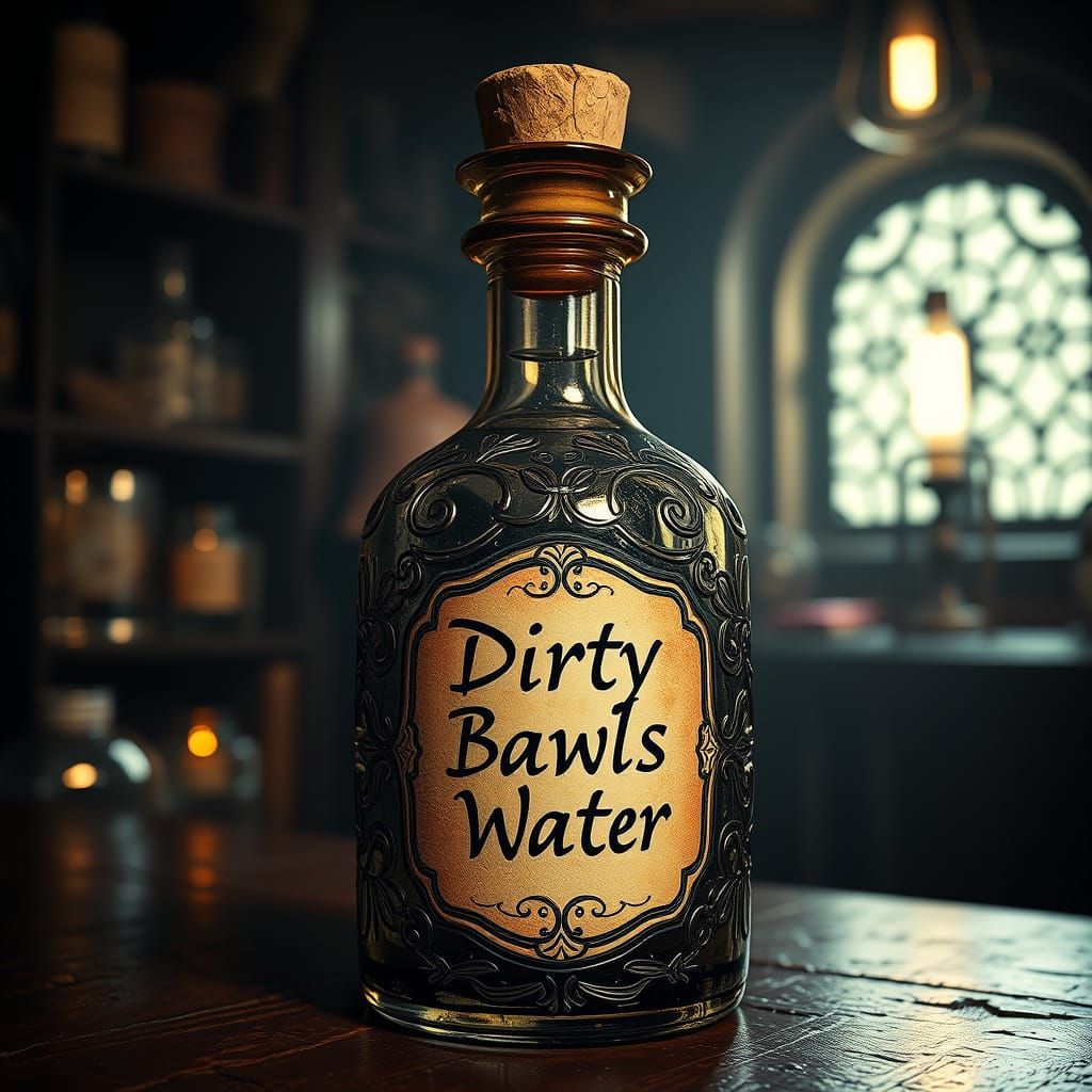 Magical Potion in an Ornate Glass Bottle with Whimsical Labe...