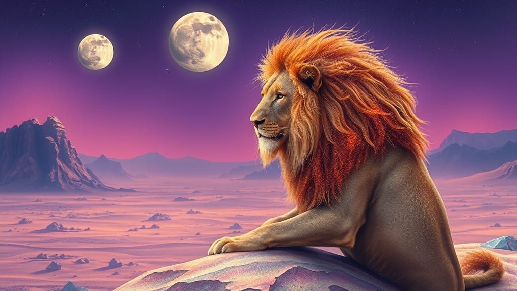 Ethereal Lion in Whimsical Cosmic Landscape