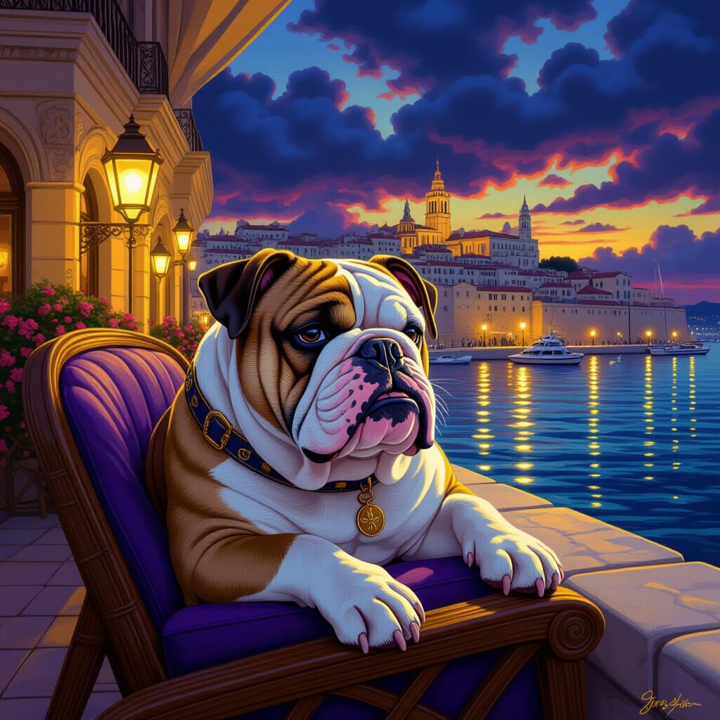 Bulldog Vacationing in Marseilles: Dark Fantasy Concept Art