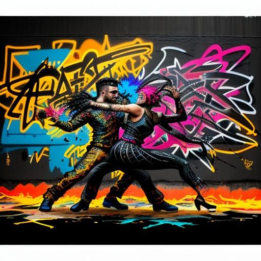 Energetic Graffiti Portrait of Dancers in Motion