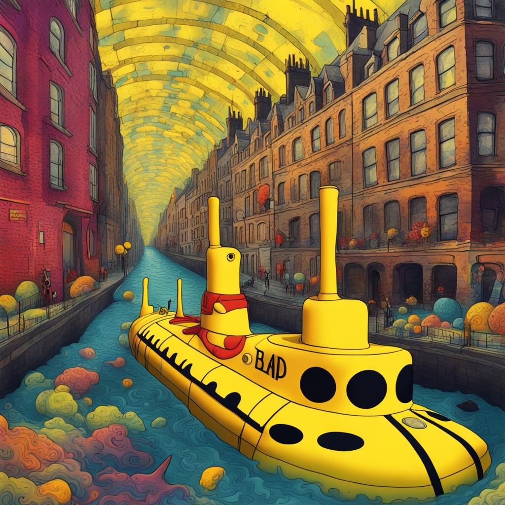 Yellow Submarine in London Sewer: Surreal Digital Art