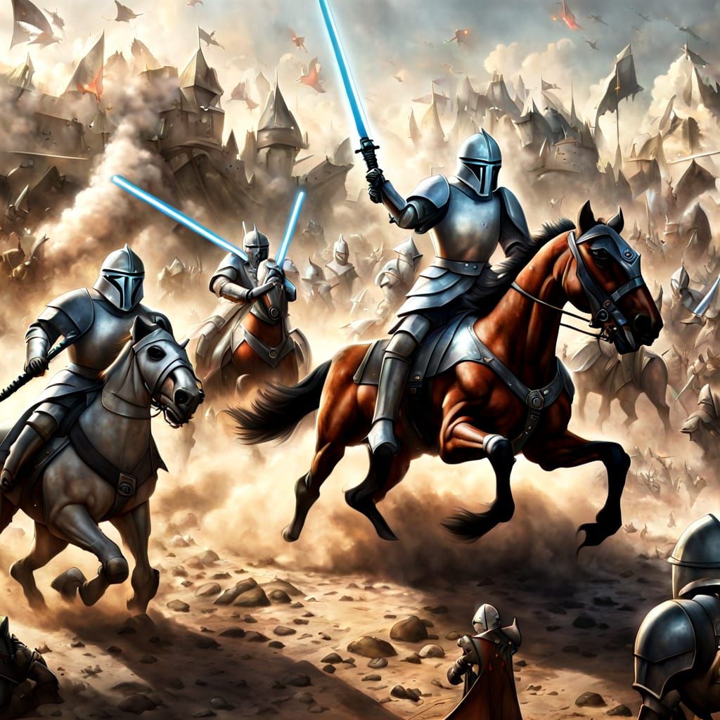 Medieval Knights Clash with Sci-Fi Weapons on Robotic Horses