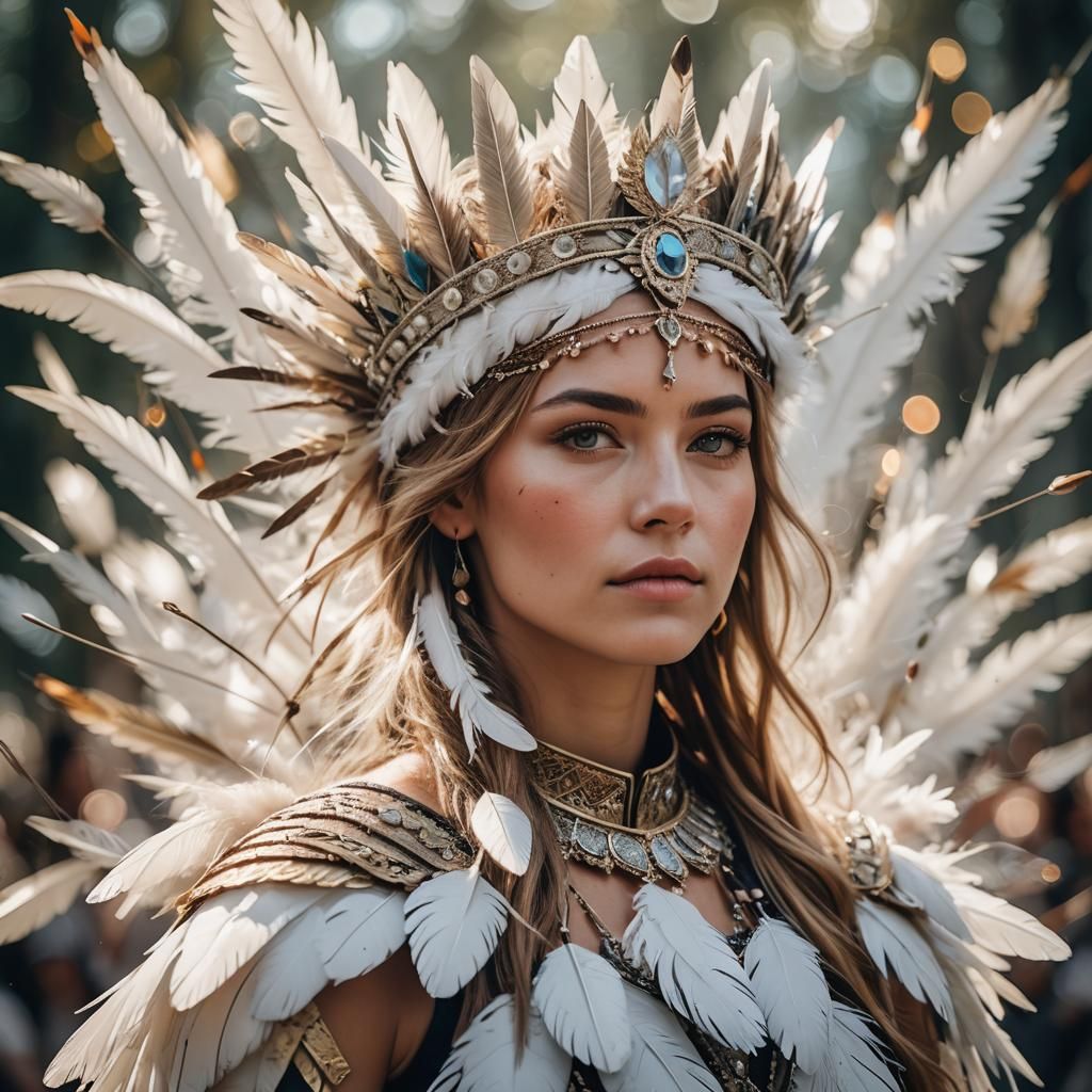 Woman with Feather Crown in Natural Lighting