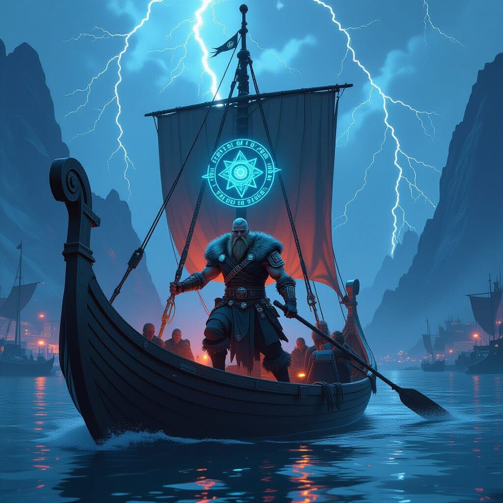 Cyberpunk Viking Captain on a Neon Fjord