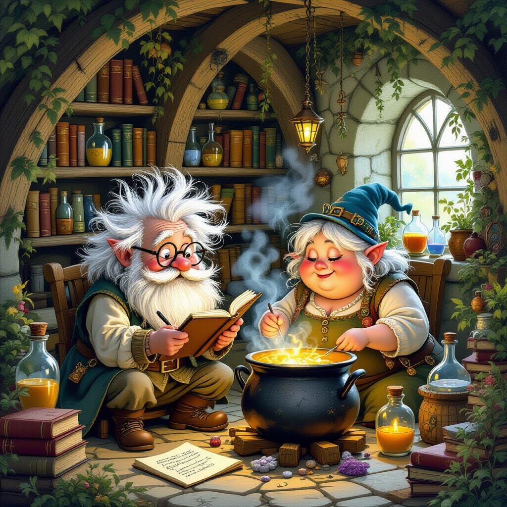 Gnome Scholars in Cozy Home, Brian Froud Style