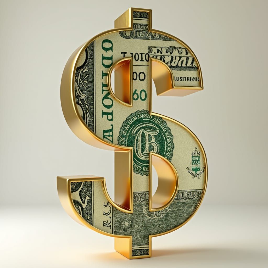 Golden Dollar Sign with Cutout 100 Dollar Bill