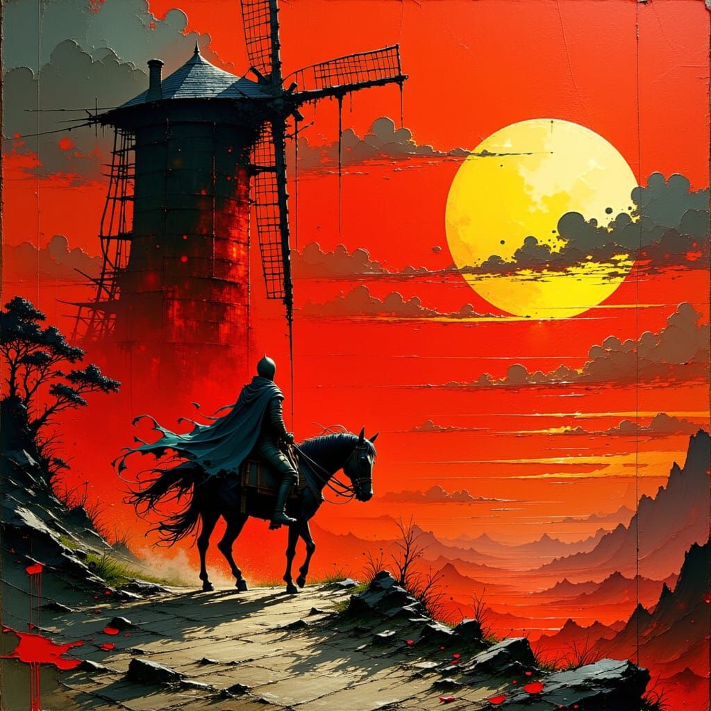 Knight Tilting at Windmill in Abstract Expressionism Style