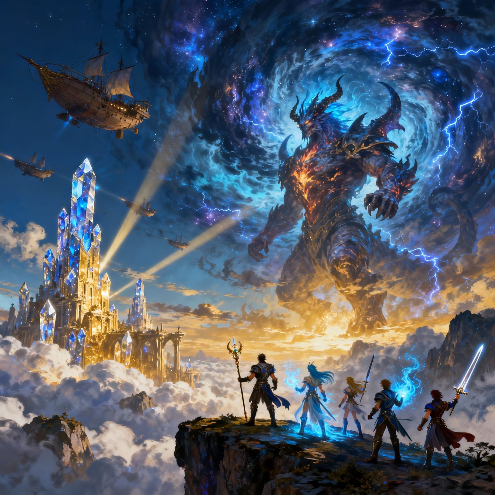 Epic Fantasy Landscape with Heroes and Cosmic Storm