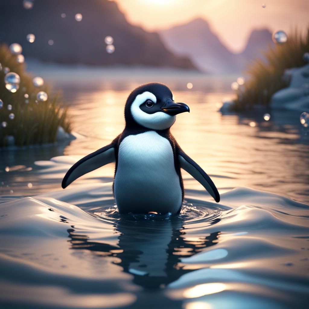 Baby Penguin Swimming: Detailed Fantasy Concept Art