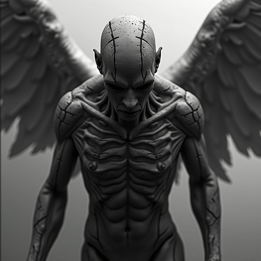 Four-Armed Corrupted Angel Construct in Black and White