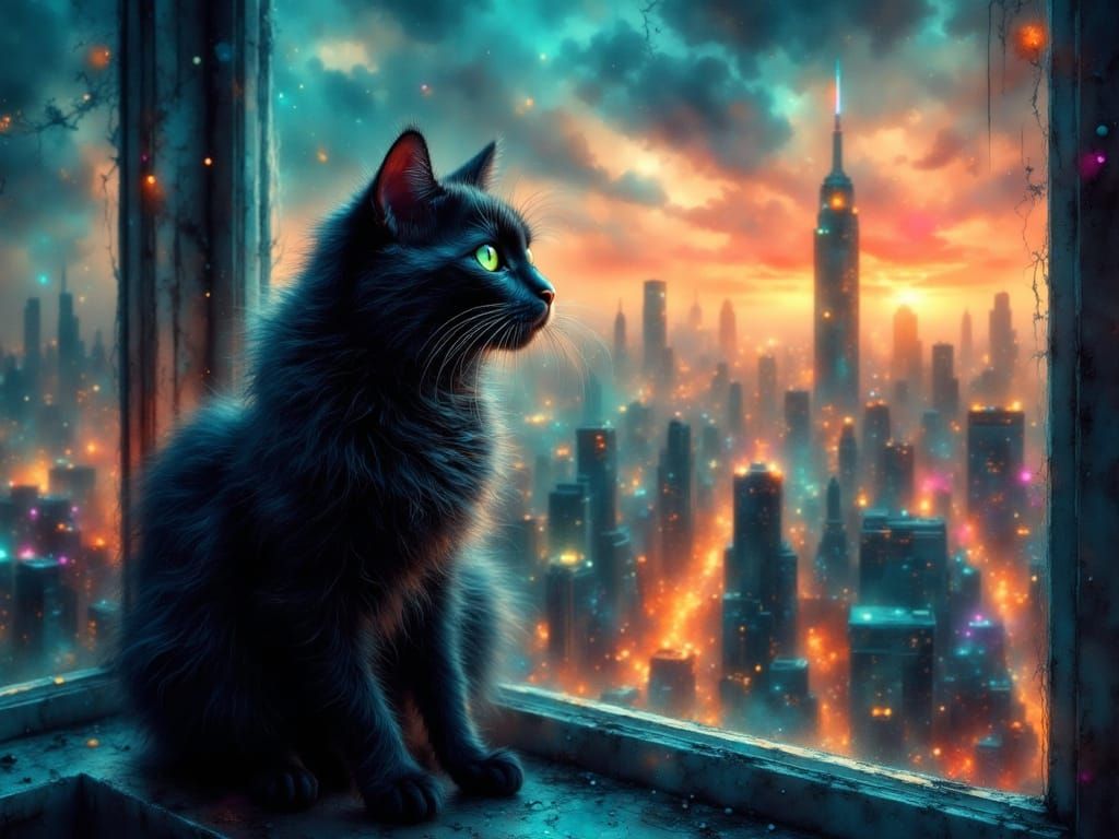 Black Cat on Windowsill Overlooking Cityscape at Dusk