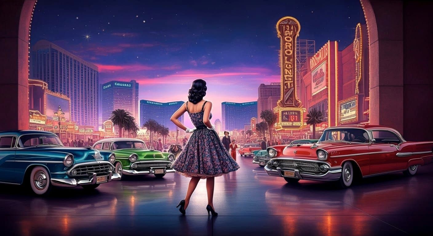 Classic Car Show on Vegas Strip in Matte Painting