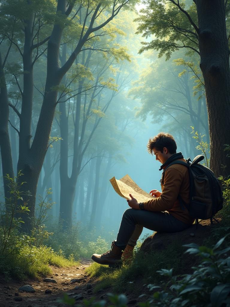 Traveler Reads Map at Forest Edge