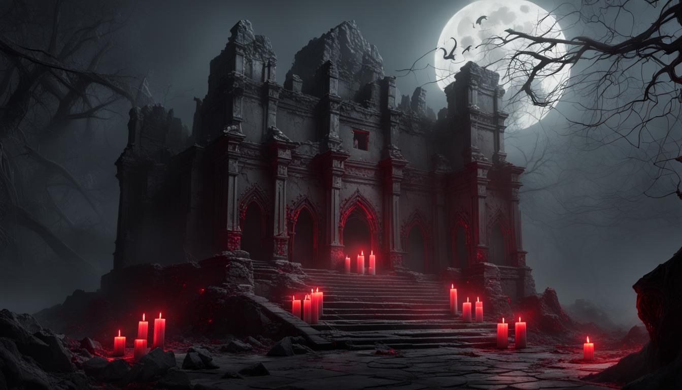 Dark Spirit Rising from Tomb in Red Moonlight