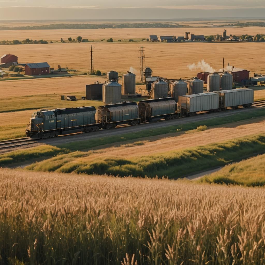 Freight Train Through Prairie Town in American Realism