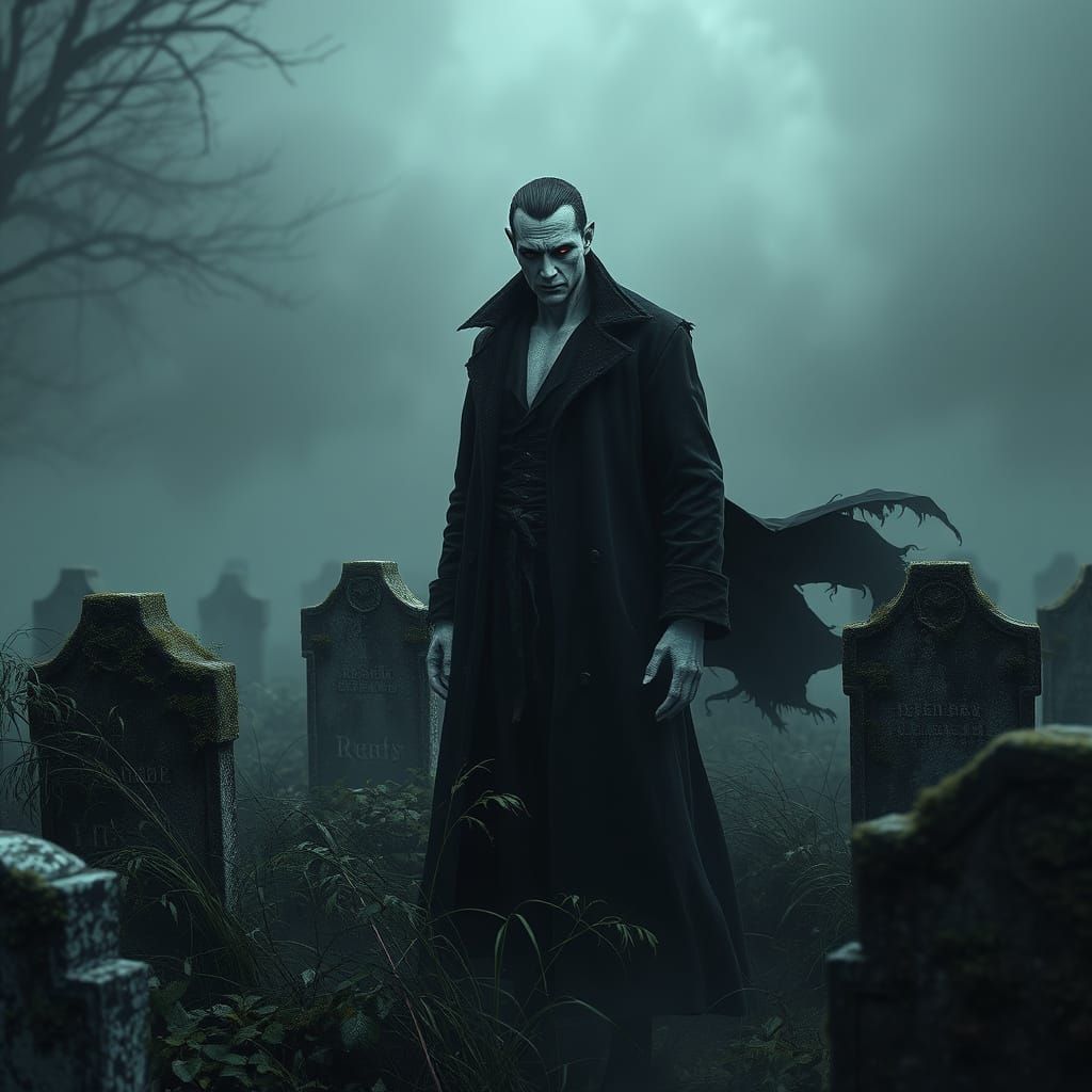 Gothic Vampire in Midnight Graveyard, Shrouded in Mist