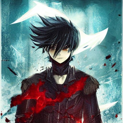 Anime Boy with Crimson Eyes over Battlefield