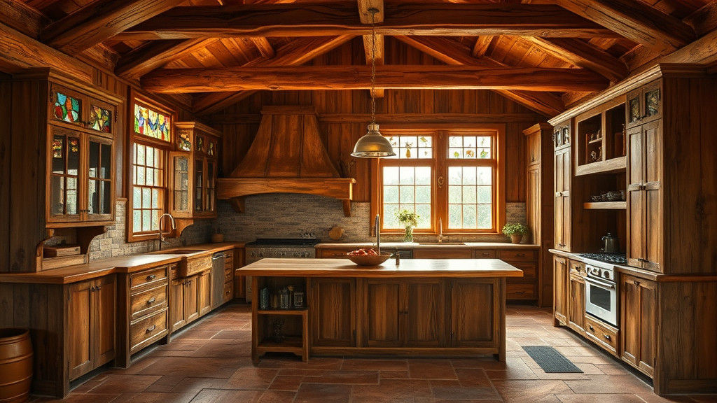 Rustic Wood Kitchen with Stained Glass Windows