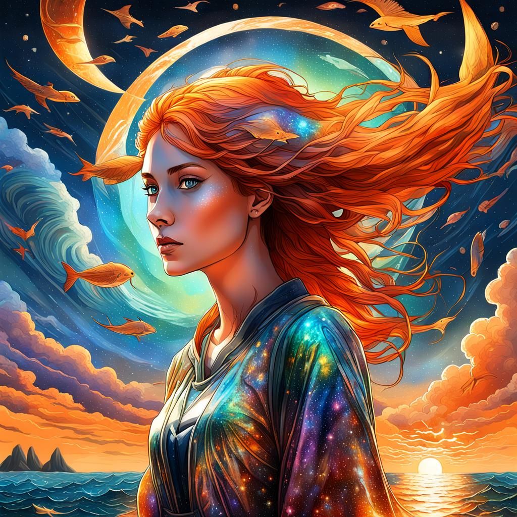 Brazilian Woman by the Ocean: Cosmic Illustration