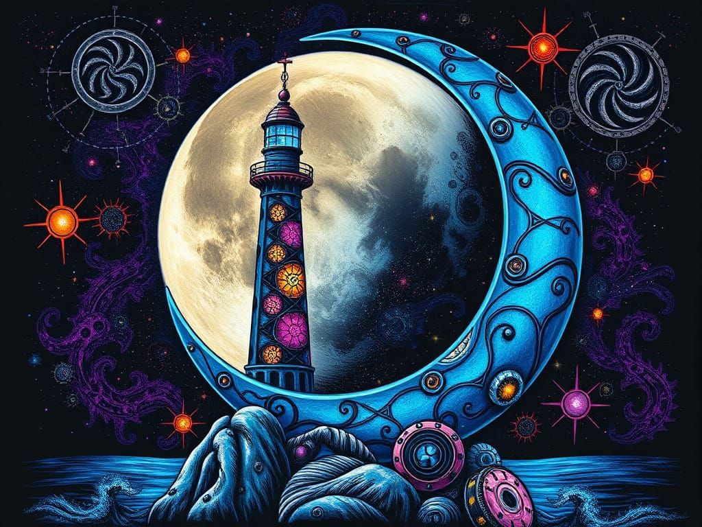 Steampunk Moon and Cyberpunk Lighthouse with Fractals