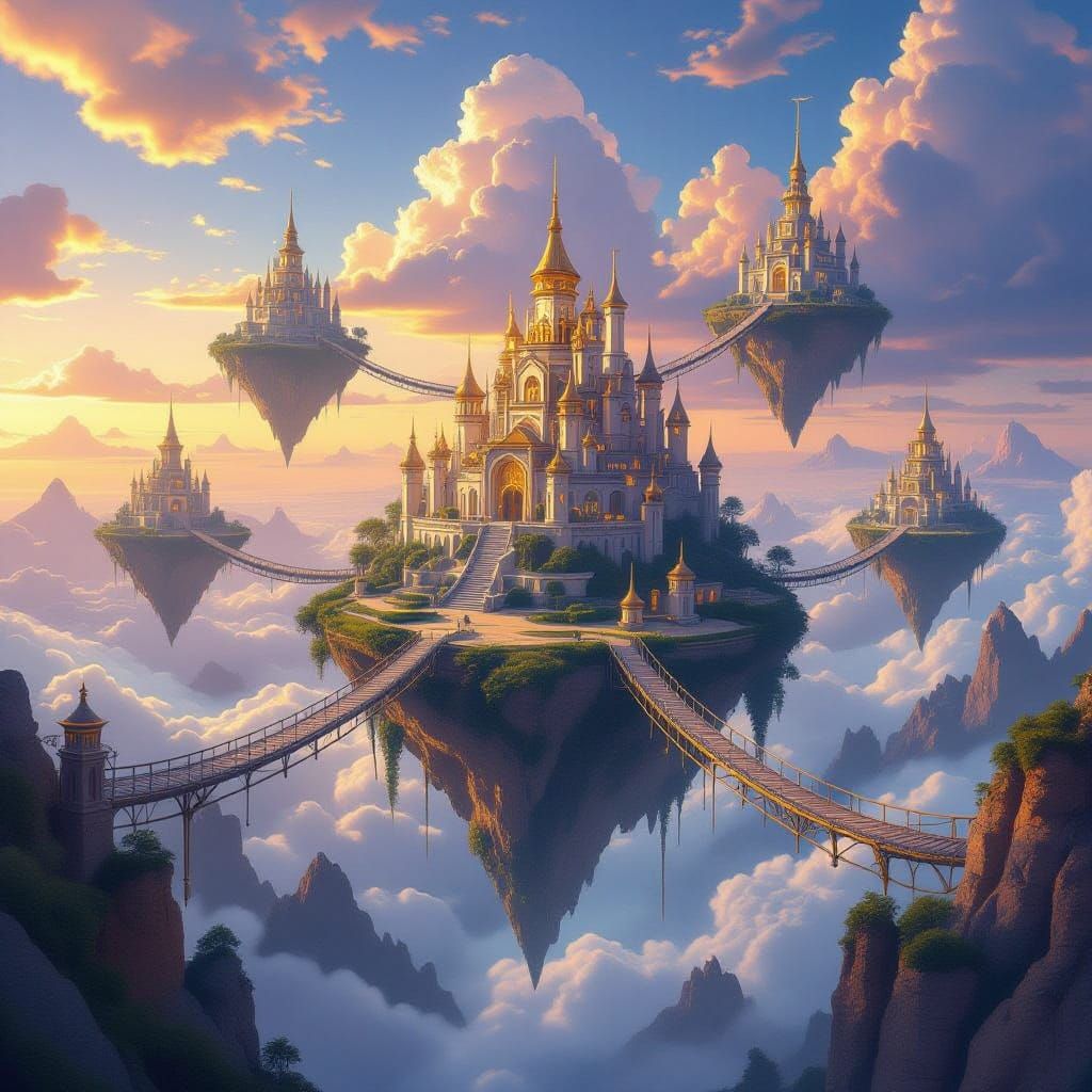 Fantasy Floating Islands with Grand Palace and Rope Bridges