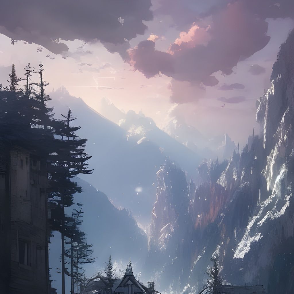 Snowy Mountain Sunrise with Castle: Anime Art