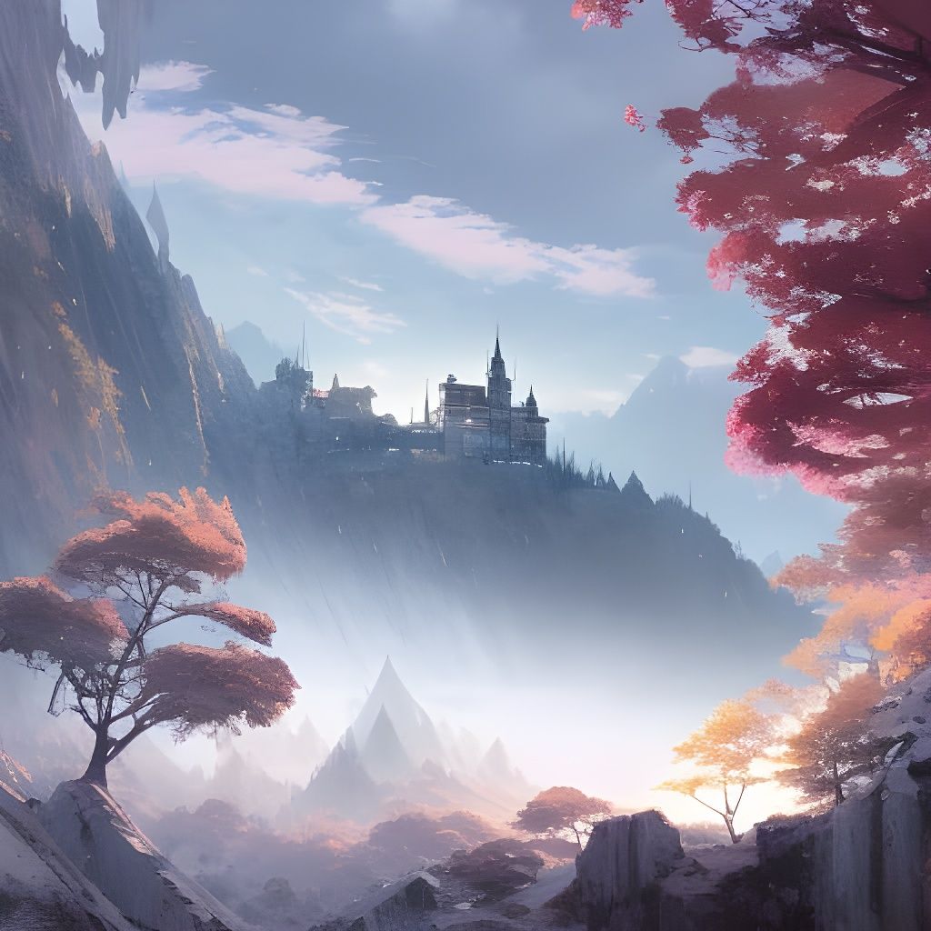 Snowy Mountain Castle Sunrise in Anime Style