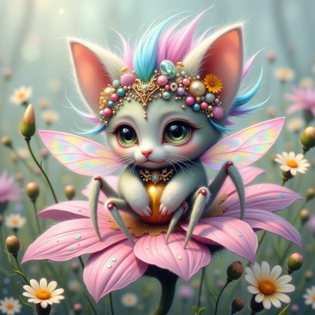 Whimsical Fae Spider Kitten on a Flower in Pastel Colors