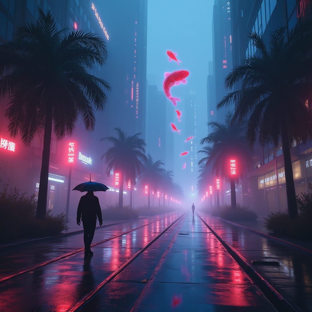 Surreal Neon Cityscape at Twilight in Cyberpunk Style