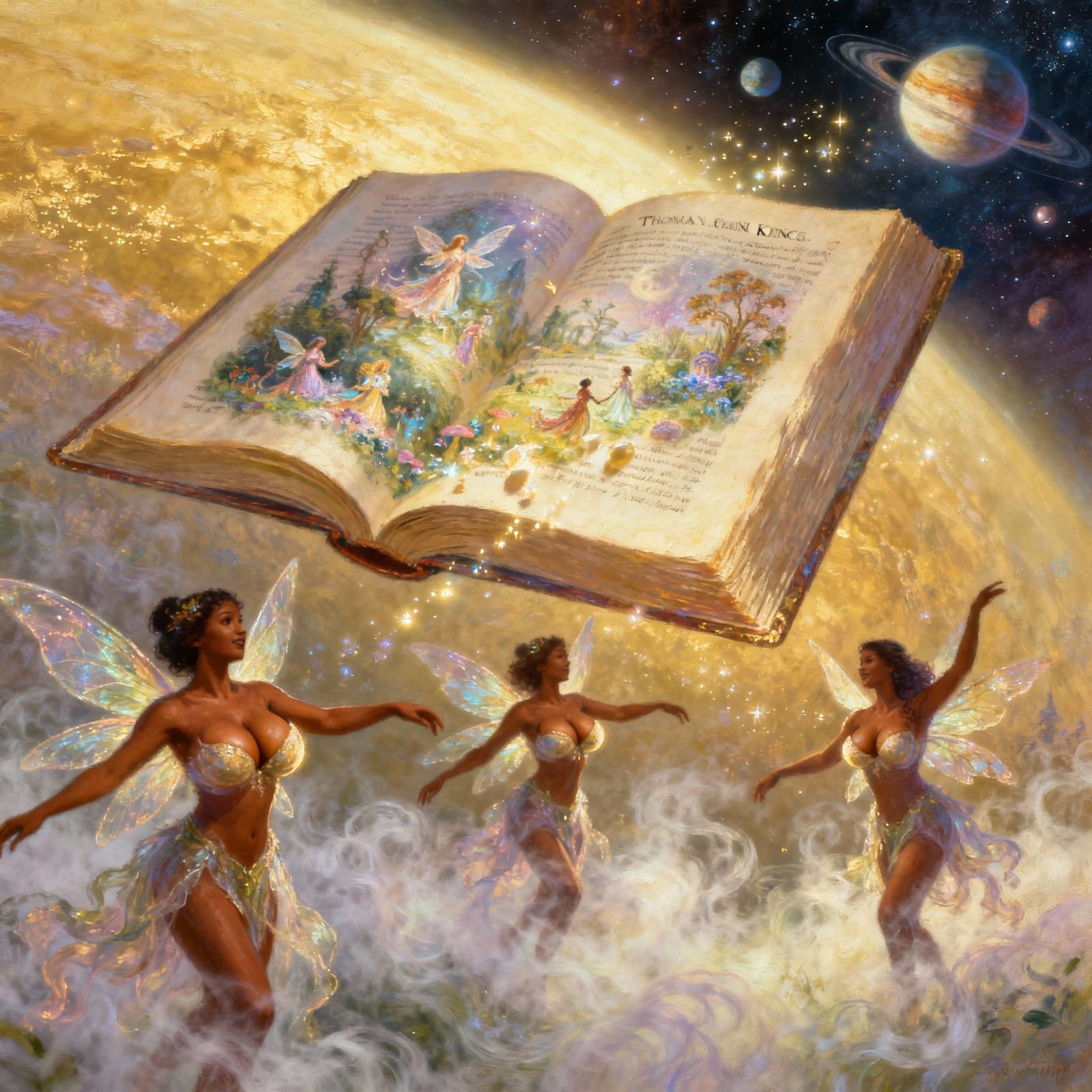 Open Book Reveals Dancing Fairies in Celestial Space
