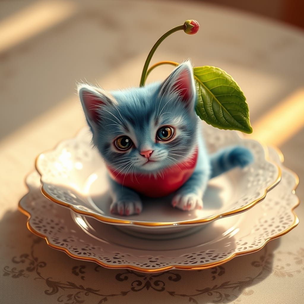 Whimsical Cherry Kitten Sits in Surreal Golden Glow