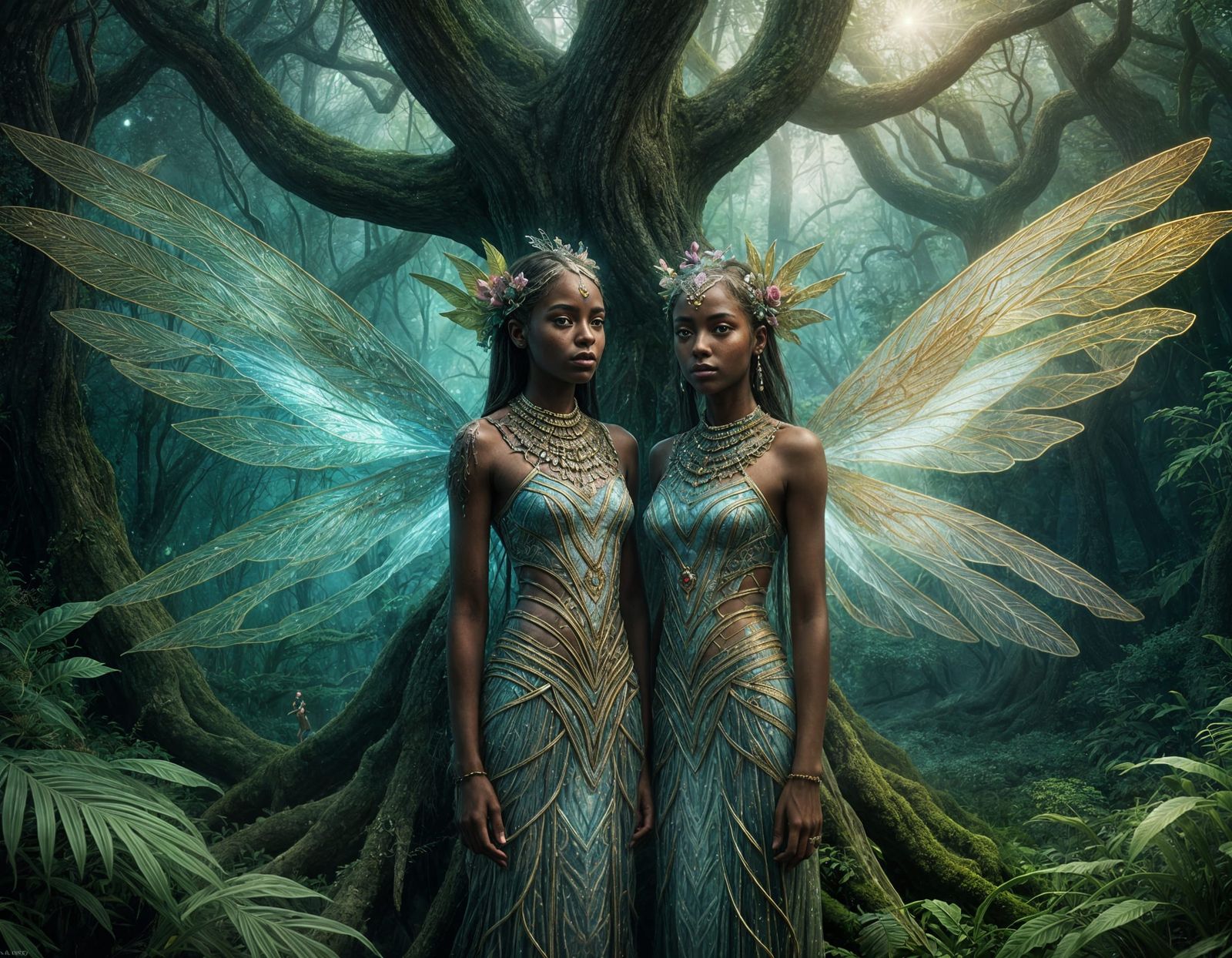 Ethereal Fairy Twins in African Mist, Cosmic Illustration