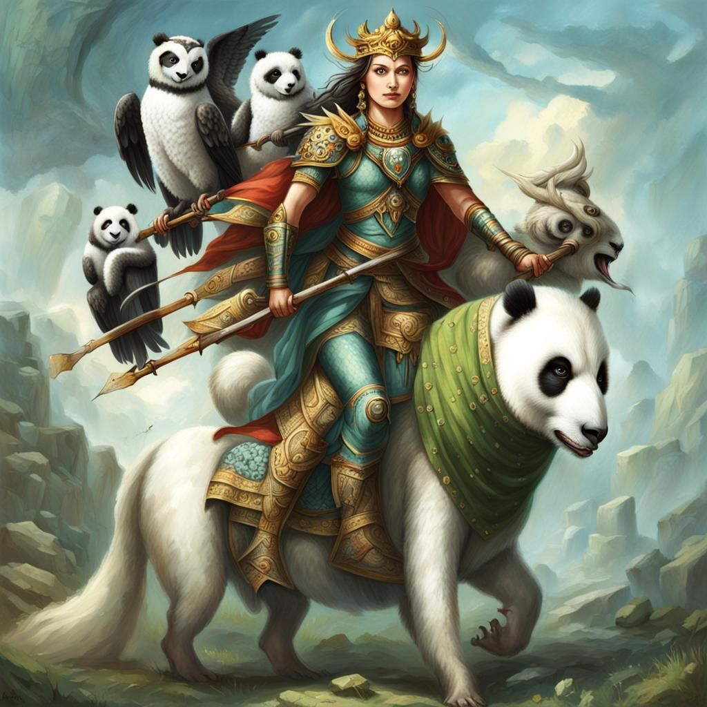 Owl Goddess on Panda Steed Rides into Battle