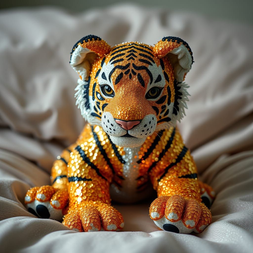 Surreal Sequin Tiger Toy on Velvet Bed