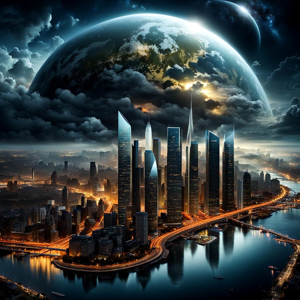 Futuristic Cityscape: Night and Day Under Thunderstorm