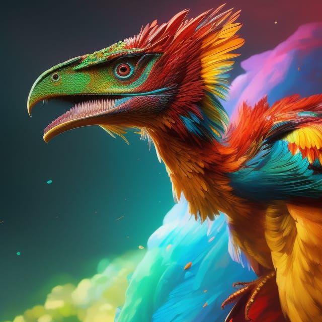 Colorful Feathered Dinosaur Portrait in Art Nouveau Style