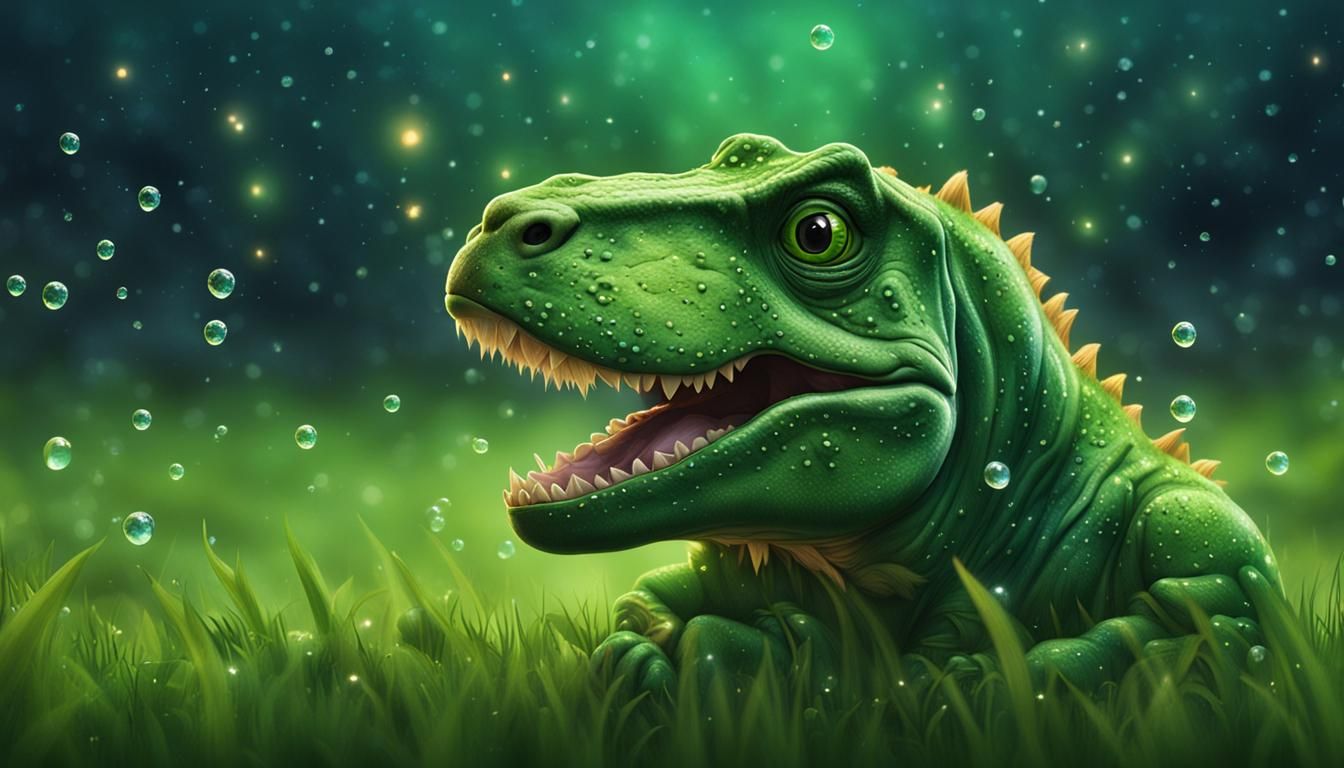 Adorable T-Rex Gazing at Stars in Dewy Grass